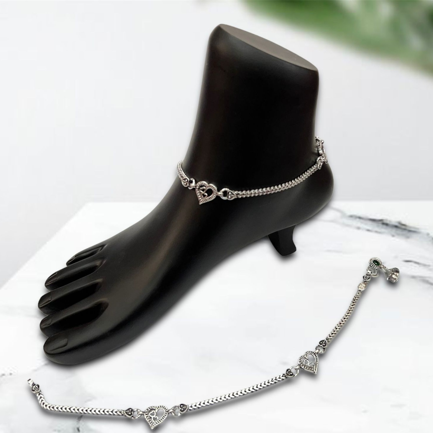 925 Silver Heart Shape Oxidised Payal
