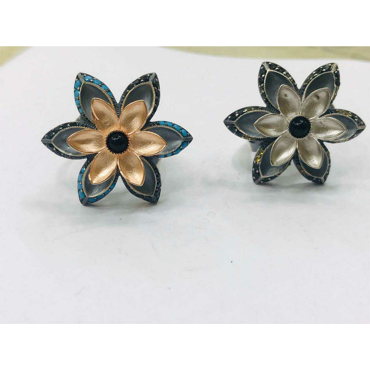 92.5 Sterling Silver Dull Rodyam & Rose Gold Patern Ring Ms-3343