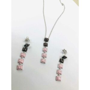 92.5 Sterling Silver Rodyam Chain With Shade Colour Pendant & Earring Ms-3112
