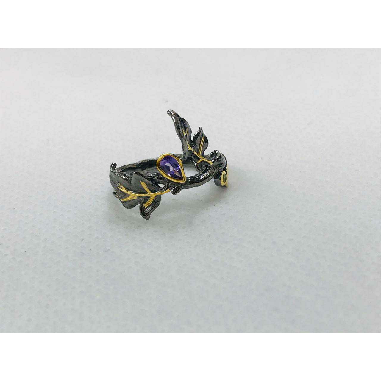 92.5 Sterling Silver Black Finish Gold Plating Ring Ms-3025