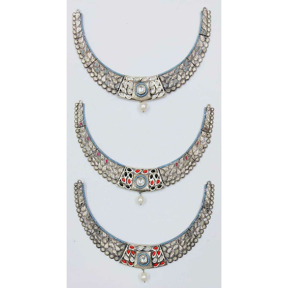 92.5 Sterling Silver Jadtar & Kundan Necklace Ms-2848