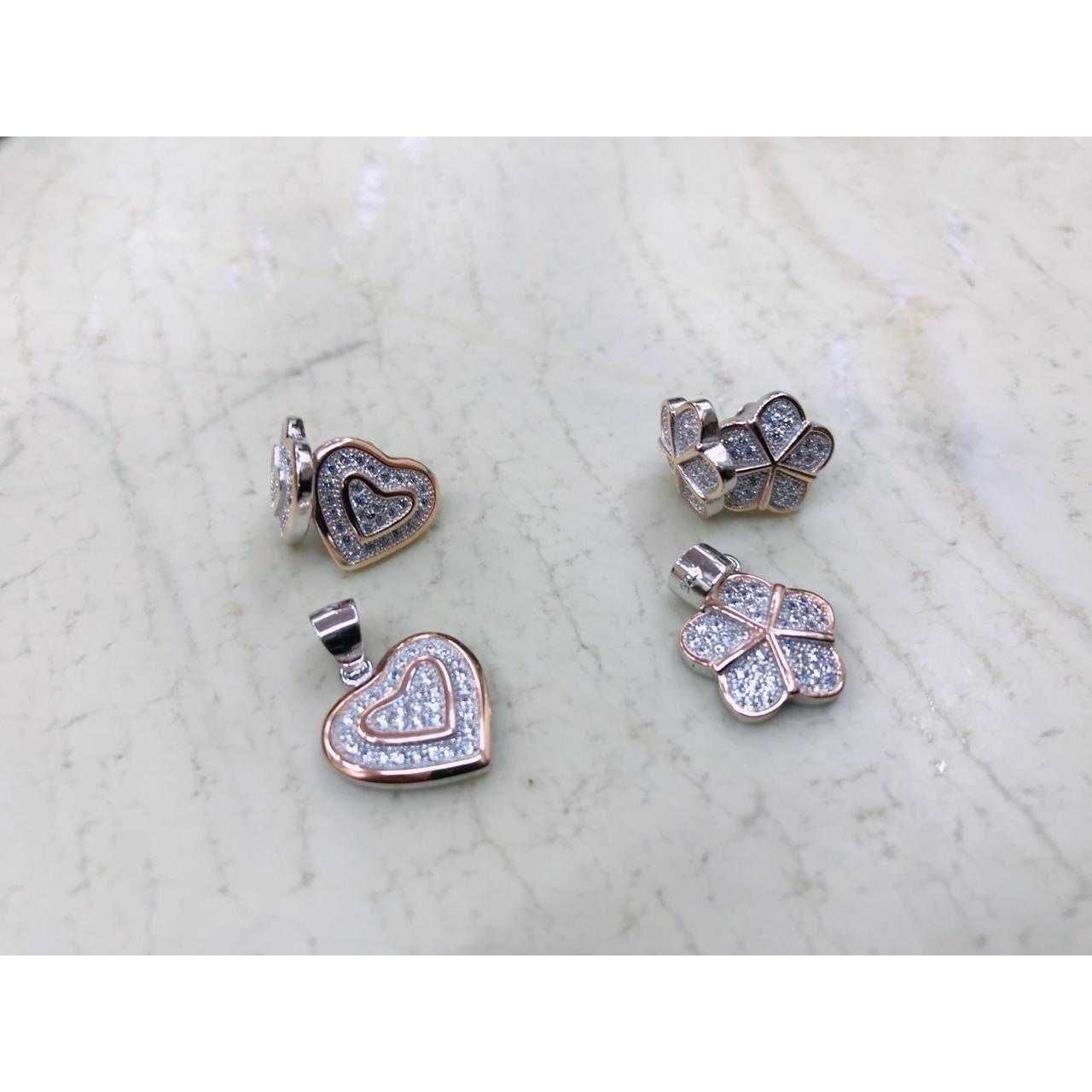 92.5 Sterling Silver Heart And Flower Design Pendant Set