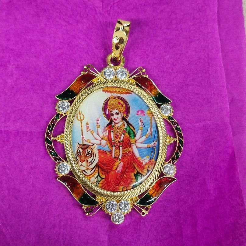 Gold Flower Shape Ambaji Ma Lasor Print Pendant