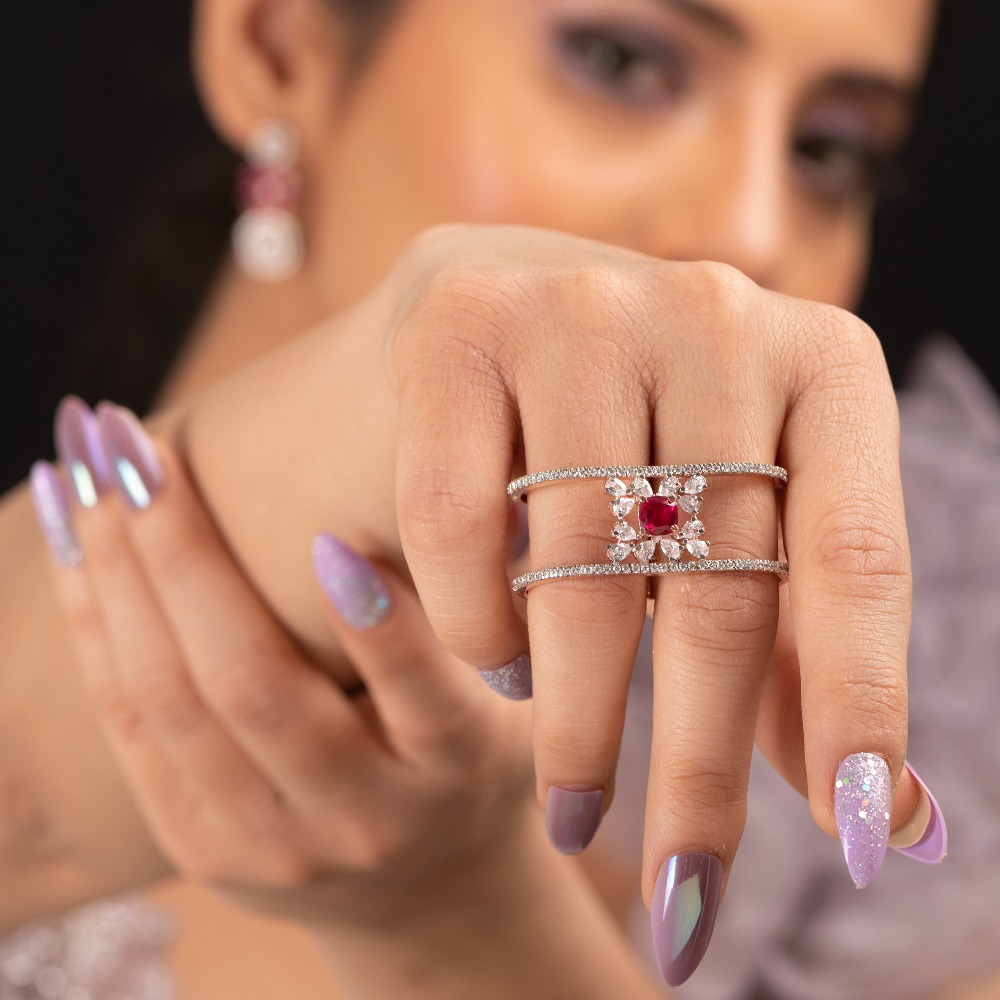 two finger stone flower ring