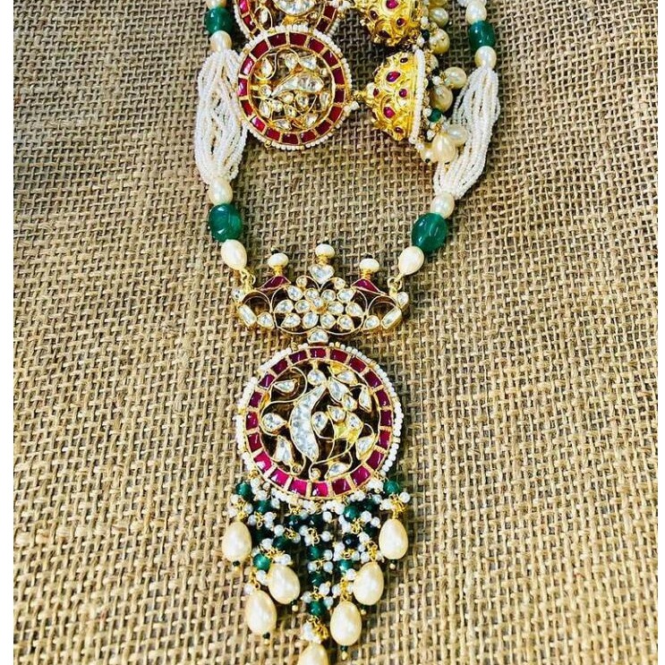 22k gold jadter round pendant pearl Hanging Necklace set
