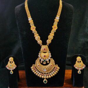 916  Gold Antique Swory Red And Green Jadtar Long Set