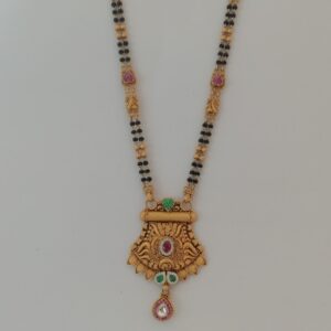 916 gold antique jadtar pink and green stone fancy short mangalsutra