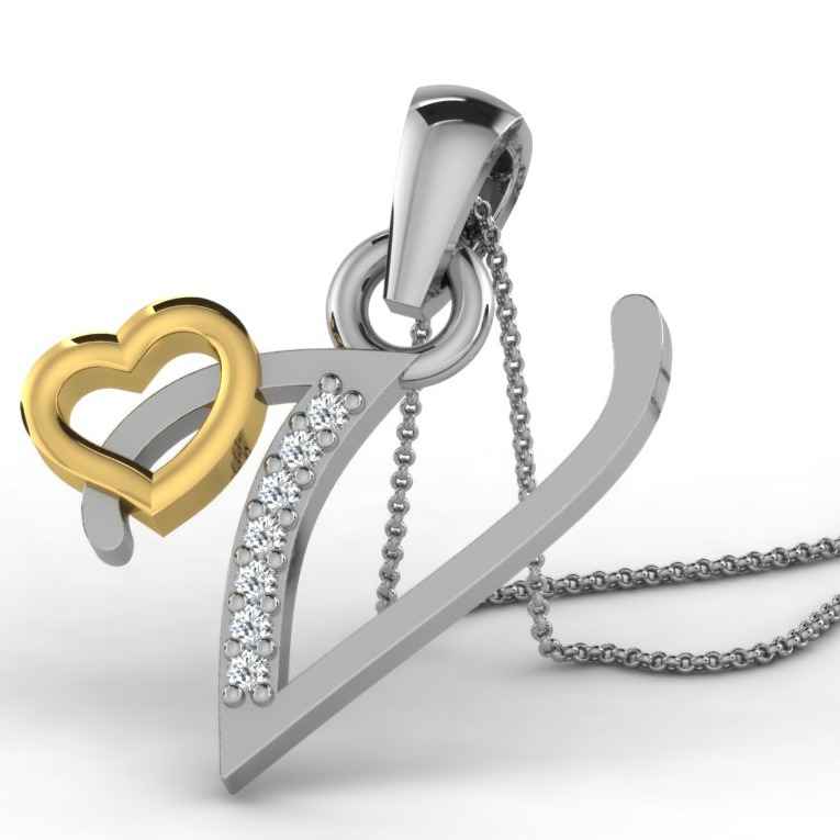 22K Yellow Gold Alphabet Letter V Designer Pendant