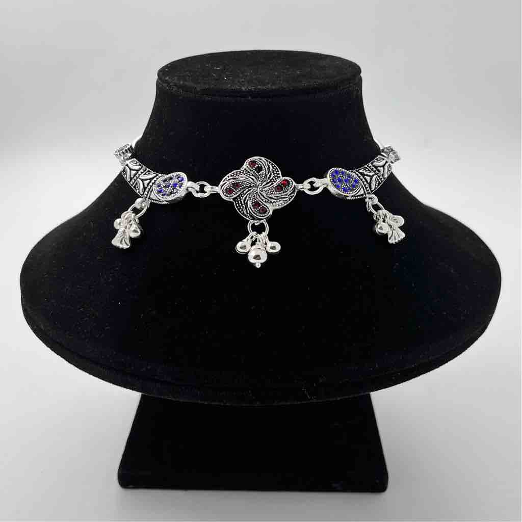 Silver Bombey Fancy Multi Colour Oxidised Anklets