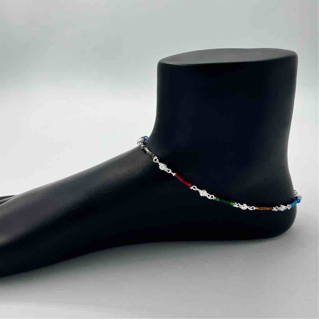 Silver Fancy Multi Colour Design Anklets