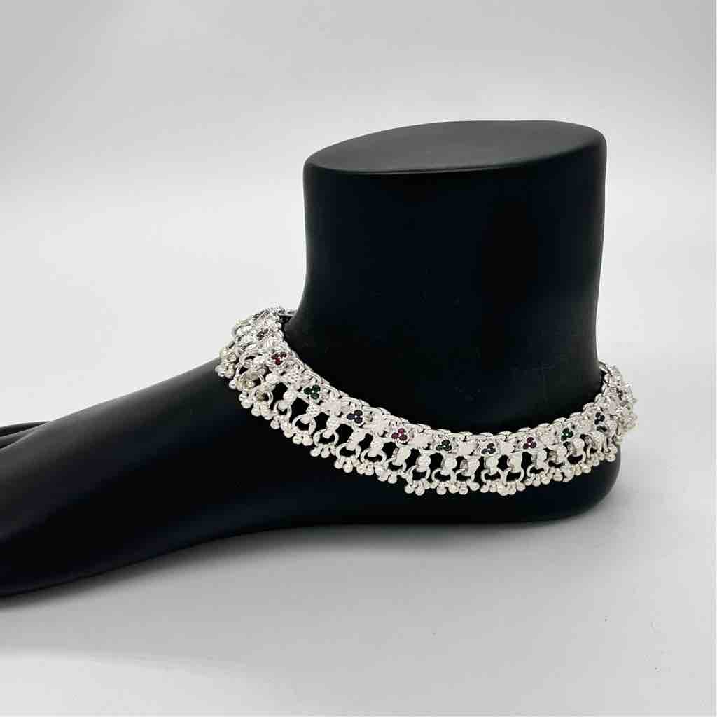 Silver Jodhpuri Fancy Multi Colour Diamond Design Anklets