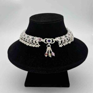 Silver Jodhpuri Fancy Multi Colour Diamond Design Anklets