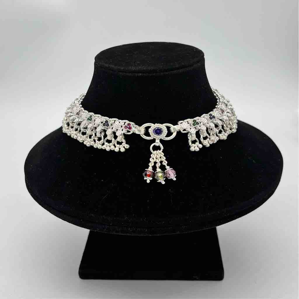 Silver Jodhpuri Fancy Multi Colour Diamond Design Anklets