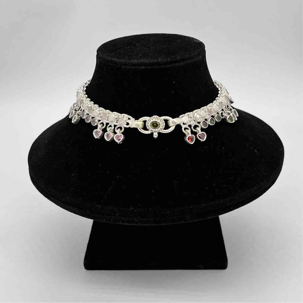Silver Jodhpuri Fancy Multi Colour Diamond Design Payal