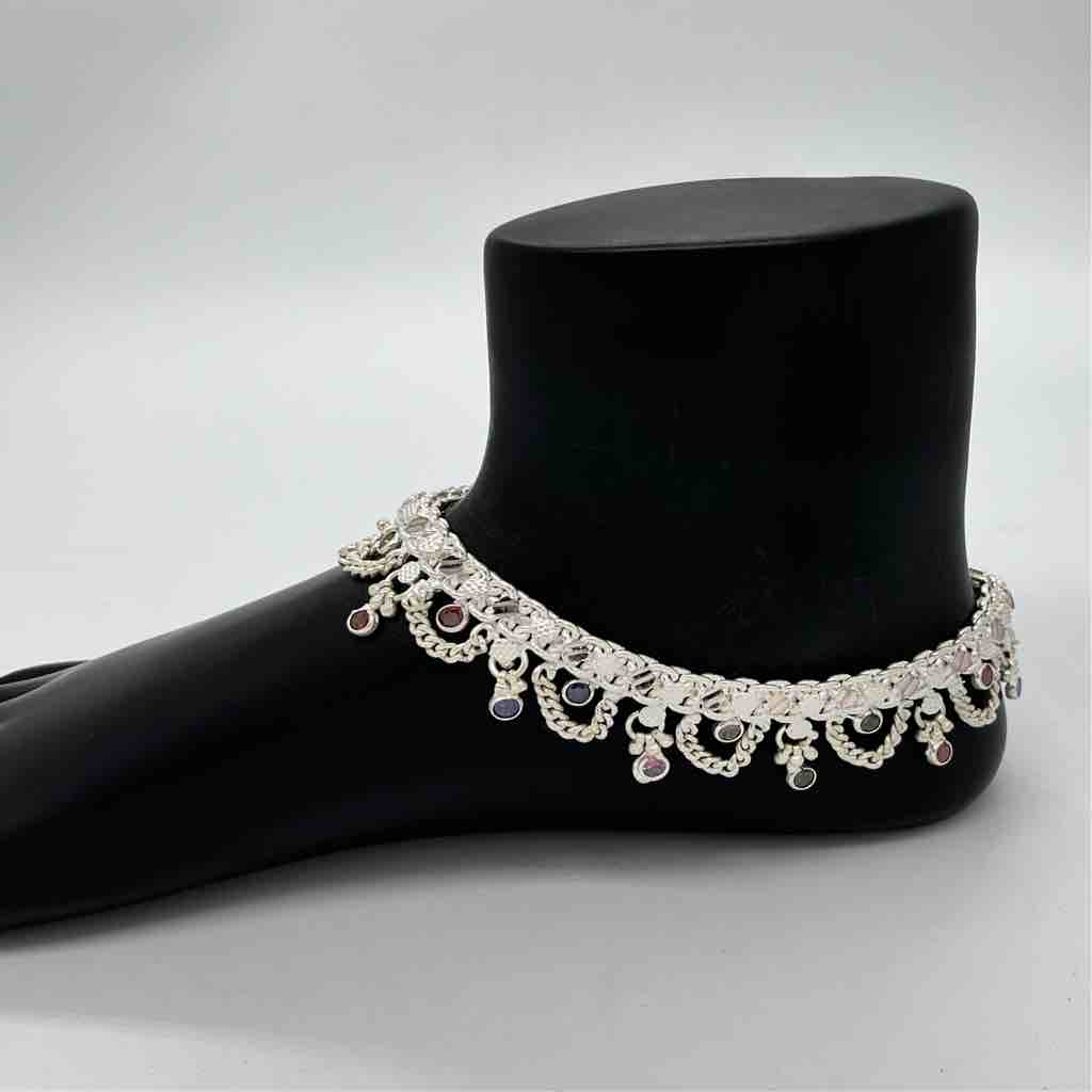 Silver Jodhpuri Fancy Multi Colour Jull Design Anklets