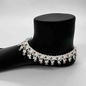 Silver Jodhpuri Fancy Multi Colour Diamond Design Anklets