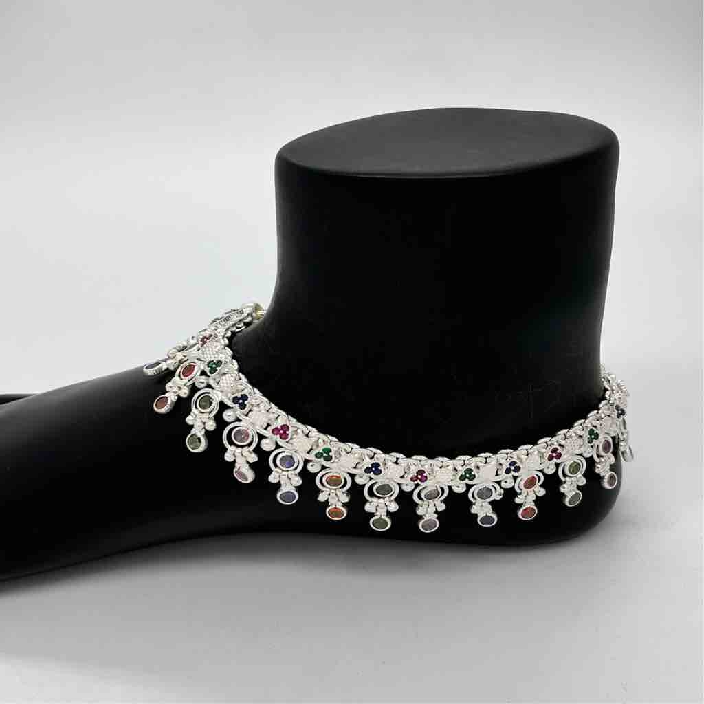 Silver Jodhpuri Fancy Multi Colour Diamond Design Anklets