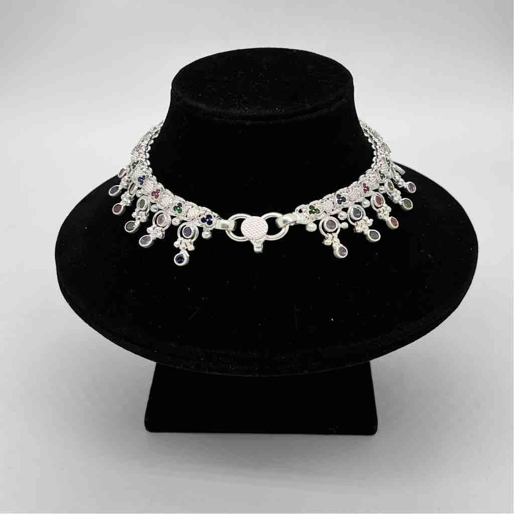 Silver Jodhpuri Fancy Multi Colour Diamond Design Anklets