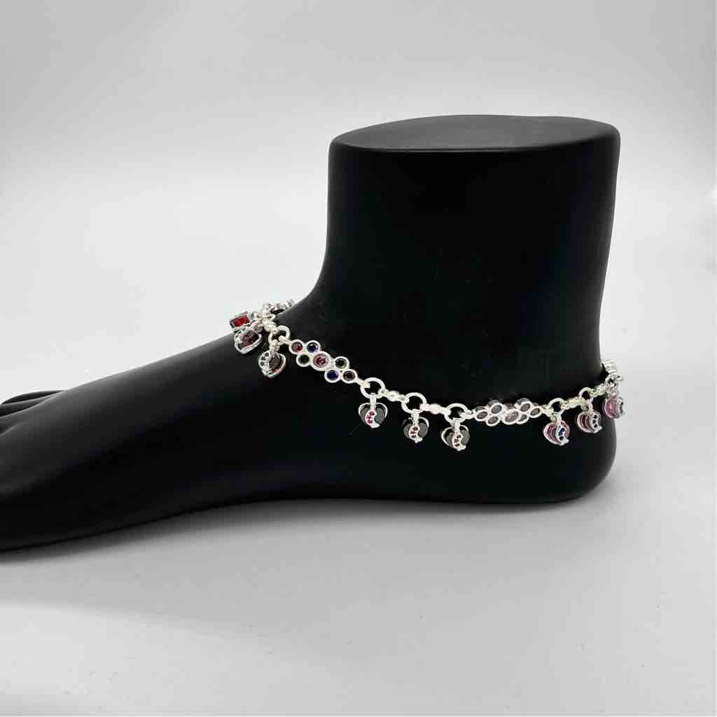 Silver jodhpuri multi colour fancy design anklets