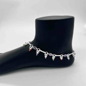 Silver jodhpuri fancy Multi Colour Diamond design Anklet