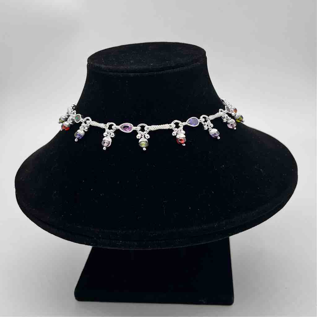 Silver jodhpuri fancy Multi Colour Diamond design Anklet