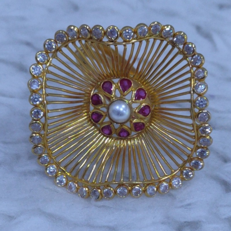 22KT/916 Yellow Gold  Artsy Ruby And White Stone Fancy Ring For Women