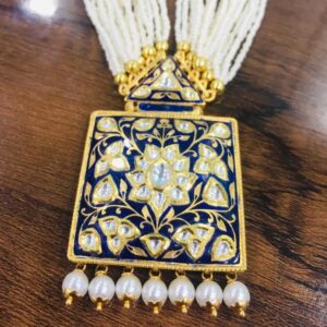 22KT Yellow Gold Beautiful Jaipuri Dark Blue Meeno Pearl Necklace Set For Women