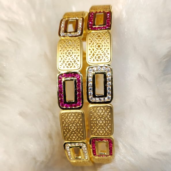 22KT Yellow Gold Fancy Beautiful Pink And White Cz Stone Bangles For Women