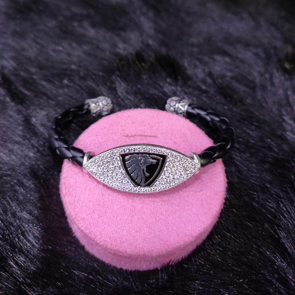 Silver Gasha Cz Stone Lether Brecelet For Men