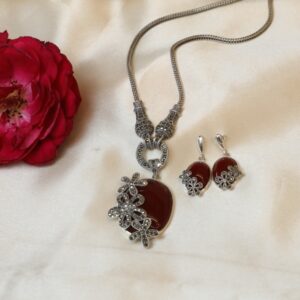 92.5 Sterling  Silver Roby Stone Oxidised Necklace Set For Women