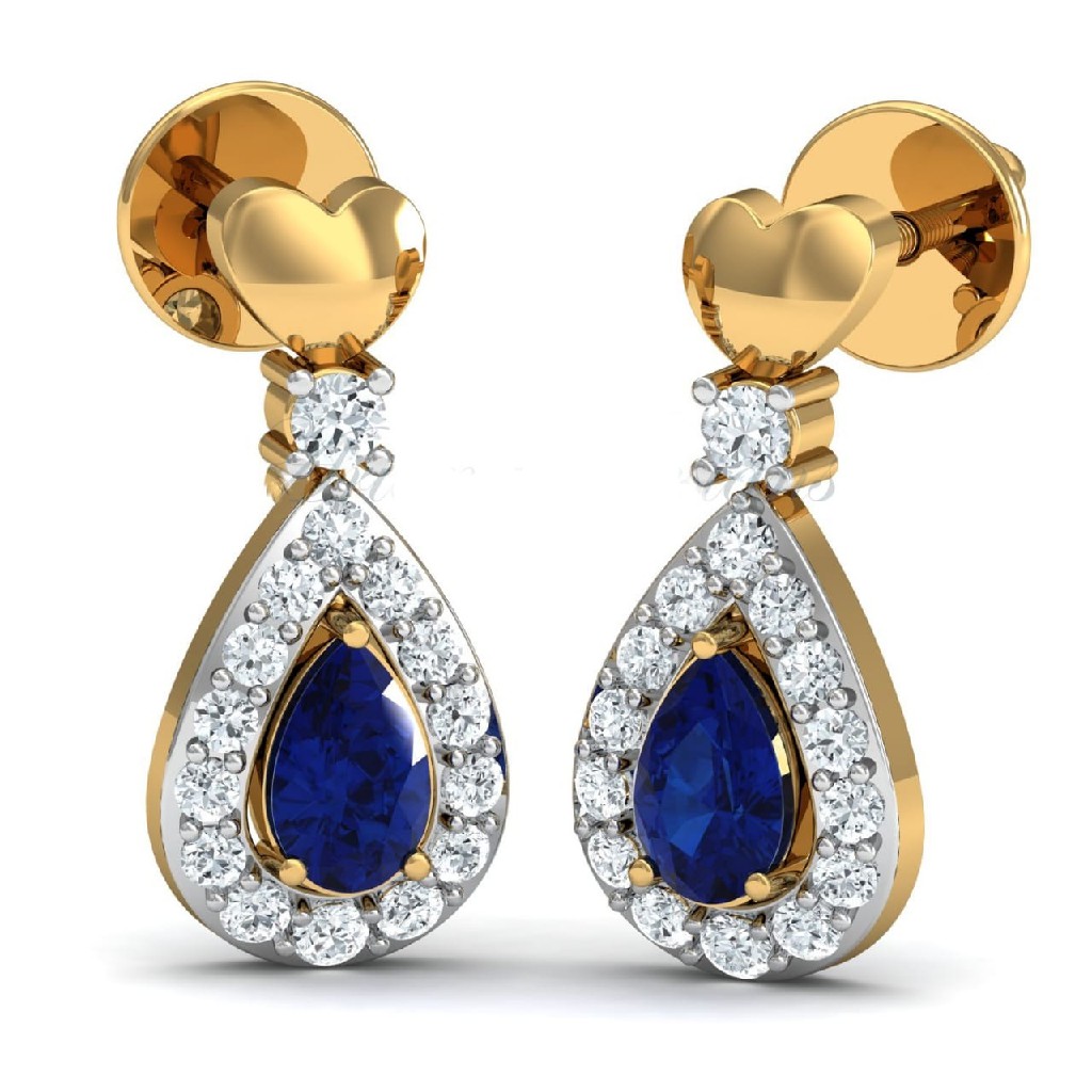 22KT Gold CZ Blue Sapphire Stone With Heart Shap Earring For Women