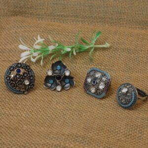 Sterling Silver Kundan Jadtar With Oxidised Ring