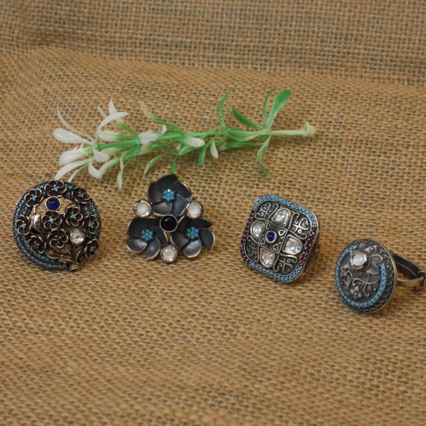 Sterling Silver Kundan Jadtar With Oxidised Ring