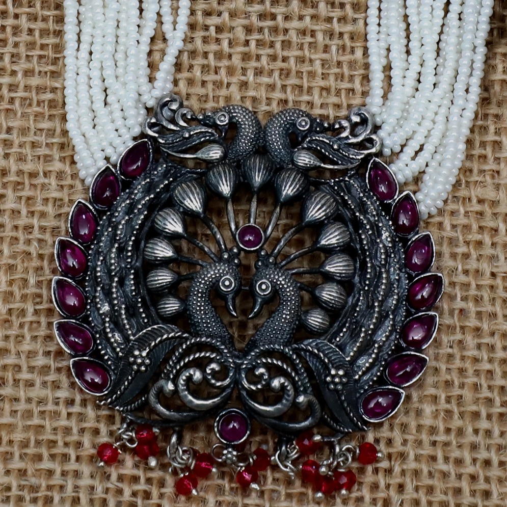 Silver Oxidised Peacock Design Necklace Set - Image 2