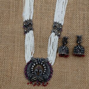 Silver Oxidised Peacock Design Necklace Set