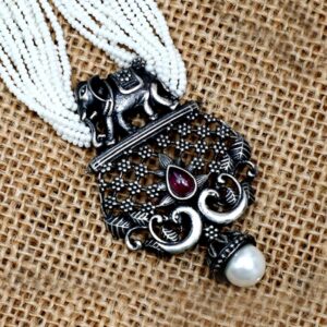 Silver oxidised elephant design necklace set