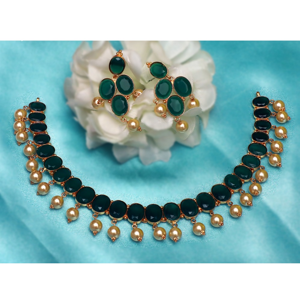 916 Gold Green Stone With Pearl Necklace Set PJ-N008