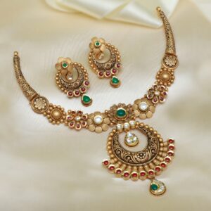 916 Gold Antique Jadtar Necklace Set For Wedding PJ-N006