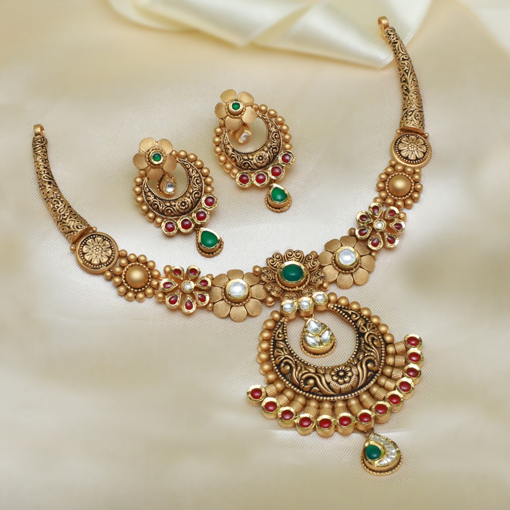 916 Gold Antique Jadtar Necklace Set For Wedding PJ-N006