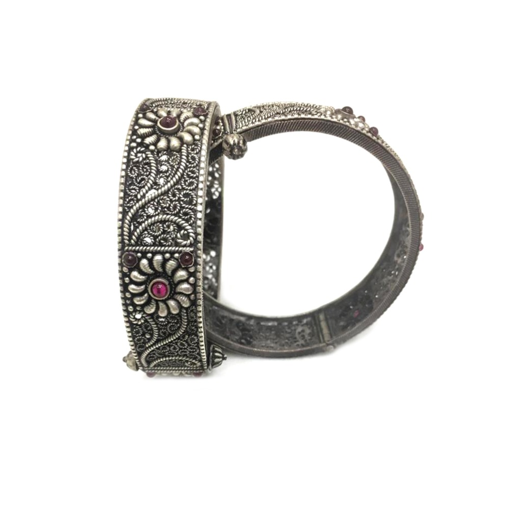 925 Silver Antique Floral Design Kada Bangle