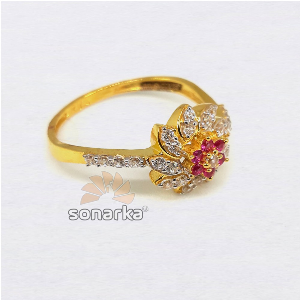 22KT Flower Shaped Pink Stone Light Weight CZ Ladies Ring - Image 2