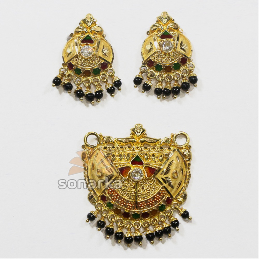 916 Hallmarked Gold Calcutti Meenakari Pendant Set with kidiya