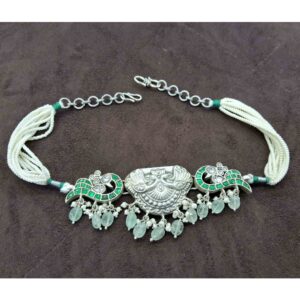 925 Sterling silver peacock kundan stone green choker necklace set