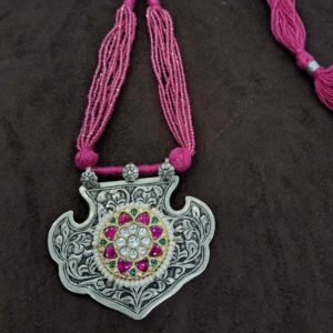 925 sterling silver long beads & kundan oxidized necklace for ladies