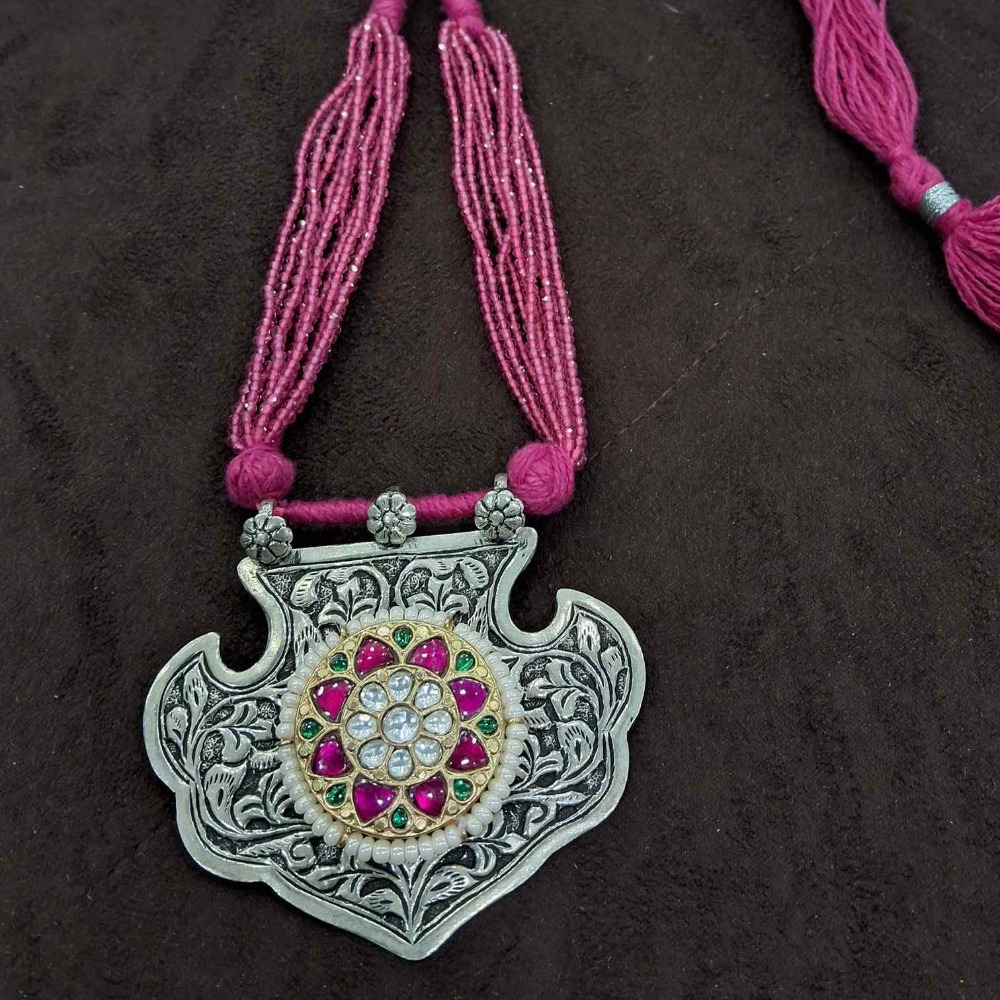 925 sterling silver long beads & kundan oxidized necklace for ladies