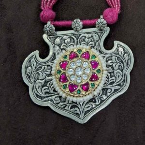 925 sterling silver long beads & kundan oxidized necklace for ladies