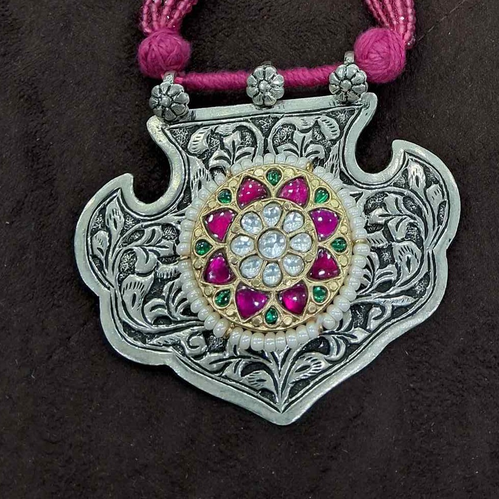 925 sterling silver long beads & kundan oxidized necklace for ladies