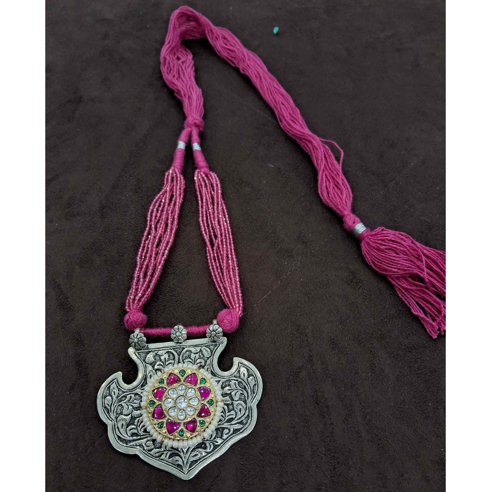 925 sterling silver long beads & kundan oxidized necklace for ladies