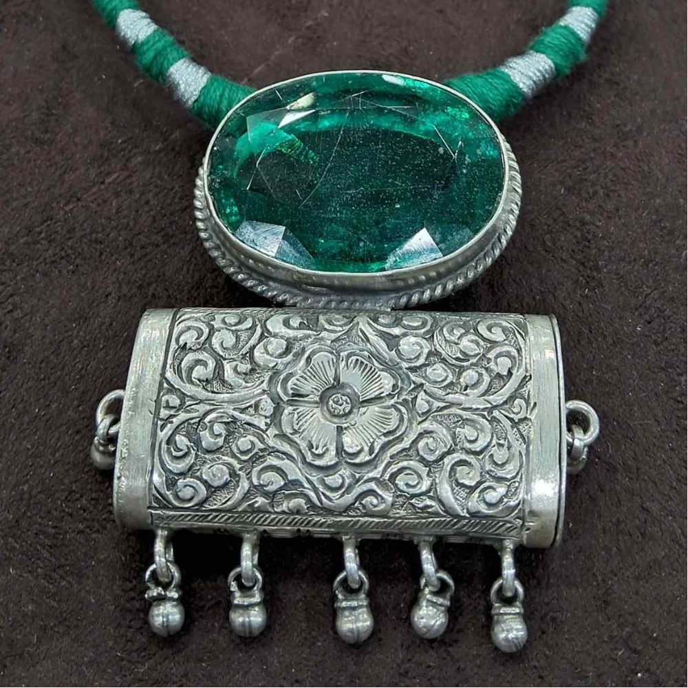 925 Sterling Silver green Stone Tribal Chokar Antique Necklace set