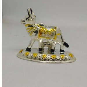 Silver  colourful  Gau Mata With bachhda  murti  For gift / pooja